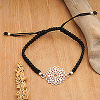 Sterling silver macrame pendant bracelet, 'Night Balance' - Mandala Black Macrame Bracelet with Polished Pendant