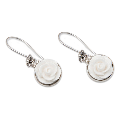 Sterling silver dangle earrings, 'Gentle Rose' - Minimalist Rose-Themed Sterling Silver Dangle Earrings