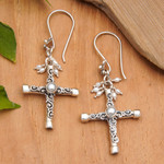 Cultured pearl dangle earrings, 'Innocence Cross' - Cross Dangle Earrings with Grey and White Cultured Pearls