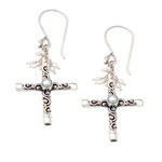 Cultured pearl dangle earrings, 'Innocence Cross' - Cross Dangle Earrings with Grey and White Cultured Pearls