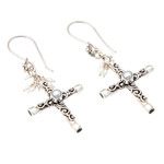 Cultured pearl dangle earrings, 'Innocence Cross' - Cross Dangle Earrings with Grey and White Cultured Pearls