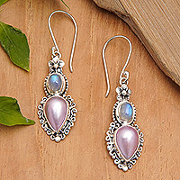 Rainbow moonstone and cultured pearl dangle earrings, 'Harmonious Pearls' - Floral Dangle Earrings with Rainbow Moonstones and Pearls
