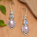 Rainbow moonstone and cultured pearl dangle earrings, 'Harmonious Pearls' - Floral Dangle Earrings with Rainbow Moonstones and Pearls