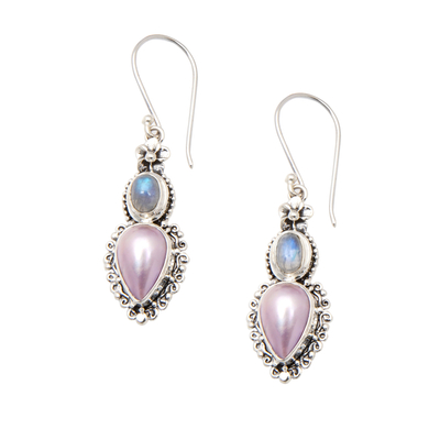 Rainbow moonstone and cultured pearl dangle earrings, 'Harmonious Pearls' - Floral Dangle Earrings with Rainbow Moonstones and Pearls
