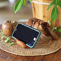 Soporte para teléfono de madera, 'Hojas tropicales' - Soporte para teléfono de madera con motivo de hoja tallado a mano en Bali