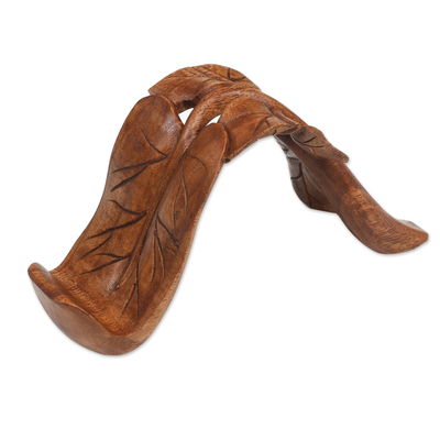 Wood phone stand, 'Tropical Leaves' - Wood Phone Stand with Leaf Motif Hand-Carved in Bali