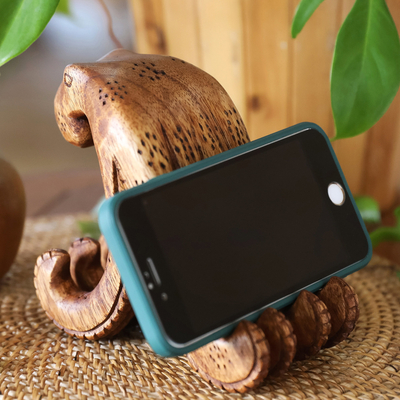 Soporte de teléfono de madera - Soporte de teléfono de pulpo de madera de jempinis marrón natural tallado a mano