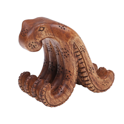 Wood phone stand, 'Marine Assistant in Brown' - Hand-Carved Natural Brown Jempinis Wood Octopus Phone Stand