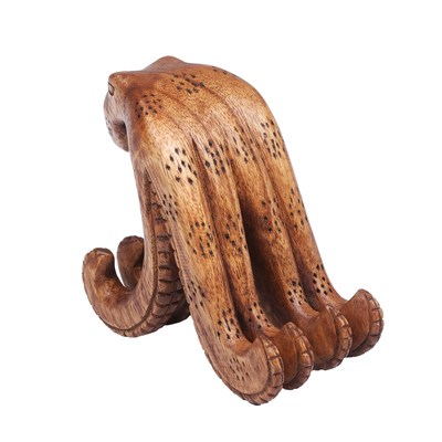 Wood phone stand, 'Marine Assistant in Brown' - Hand-Carved Natural Brown Jempinis Wood Octopus Phone Stand