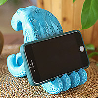 Soporte para teléfono de madera, 'Asistente marino en azul' - Soporte para teléfono de pulpo de madera Jempinis azul tallado a mano