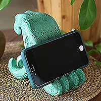 Wood phone stand, 'Marine Assistant in Green' - Hand-Carved Green Jempinis Wood Octopus Phone Stand