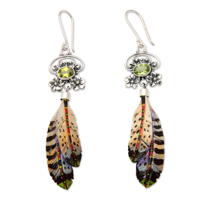 Peridot dangle earrings, 'Plumage of Fortune' - Painted Sterling Silver Dangle Earrings with Peridot Gems