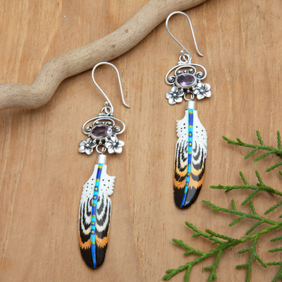 Amethyst dangle earrings, 'Sage's Feather' - Feather-Themed Sterling Silver Dangle Earrings with Amethyst