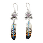 Amethyst dangle earrings, 'Sage's Feather' - Feather-Themed Sterling Silver Dangle Earrings with Amethyst