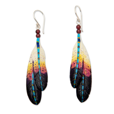 Garnet beaded dangle earrings, 'Creativity Feathers' - Handmade Vibrant Feather Dangle Earrings with Garnet Beads