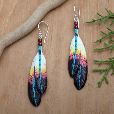 Garnet beaded dangle earrings, 'Creativity Feathers' - Handmade Vibrant Feather Dangle Earrings with Garnet Beads