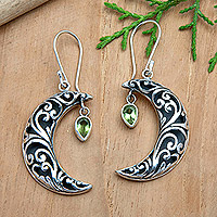 Peridot dangle earrings, 'Fortune Night' - Moon-Shaped Leafy Dangle Earrings with Peridot Jewels