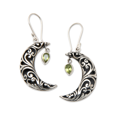 Peridot dangle earrings, 'Fortune Night' - Moon-Shaped Leafy Dangle Earrings with Peridot Jewels