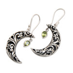 Peridot dangle earrings, 'Fortune Night' - Moon-Shaped Leafy Dangle Earrings with Peridot Jewels