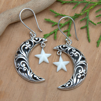 Sterling silver dangle earrings, 'Constellation Night' - Moon-Shaped Leafy Dangle Earrings with Star Accents