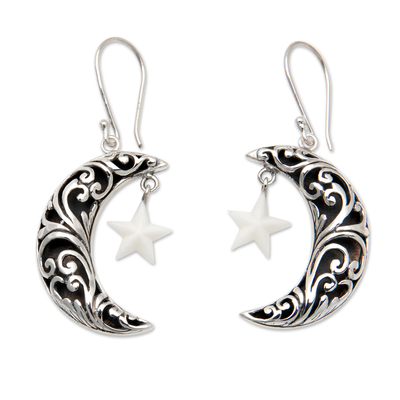 Sterling silver dangle earrings, 'Constellation Night' - Moon-Shaped Leafy Dangle Earrings with Star Accents