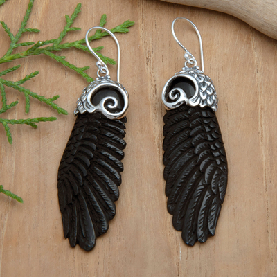 Sterling silver dangle earrings, 'Midnight Flight' - Wing-Shaped Sterling Silver Dangle Earrings in Black