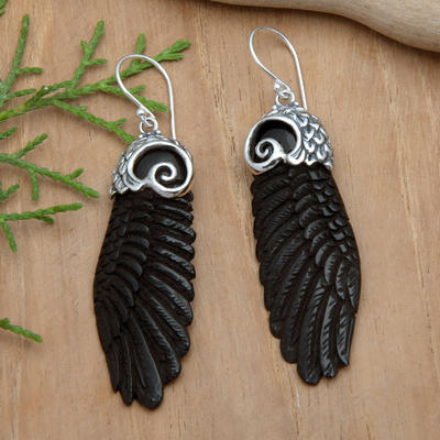Pendientes colgantes de plata de ley - Aretes colgantes de plata esterlina en forma de ala en negro