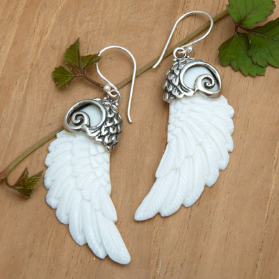 Sterling silver dangle earrings, 'Heaven Plumage' - Wing-Shaped Sterling Silver Dangle Earrings in White