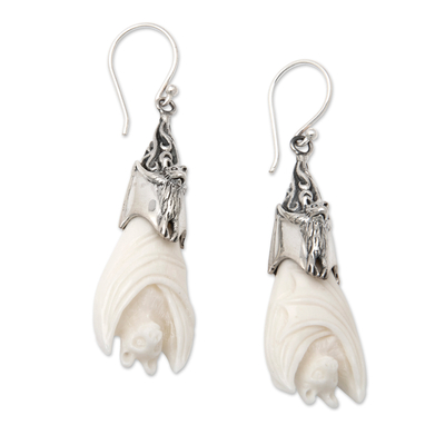 Sterling silver dangle earrings, 'Angel Bat' - Bat-Themed Sterling Silver Dangle Earrings in White