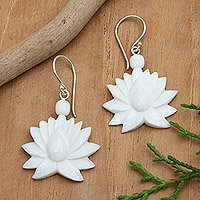 Hand-carved dangle earrings, 'Celestial Lotus' - Lotus-Shaped Dangle Earrings with Sterling Silver Hooks
