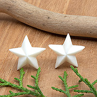 Hand-carved button earrings, 'Twinkle Star' - Star-Shaped Button Earrings with Sterling Silver Posts