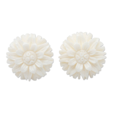 Hand-carved button earrings, 'Pure Spring' - Hand-Carved Floral Button Earrings with Sterling Silver Post