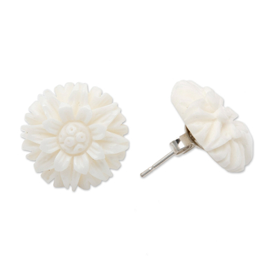 Hand-carved button earrings, 'Pure Spring' - Hand-Carved Floral Button Earrings with Sterling Silver Post