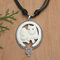 Rainbow moonstone pendant necklace, 'Harmony Kitten' - Cat-Themed Pendant Necklace with Rainbow Moonstone