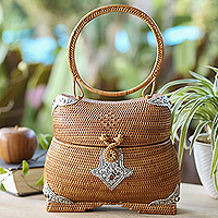 Natural fiber handbag, 'Garden of Adoration' - Natural Fiber and Sterling Silver Handbag with Garnet Jewel