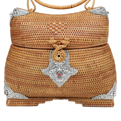Natural fiber handbag, 'Garden of Adoration' - Natural Fiber and Sterling Silver Handbag with Garnet Jewel