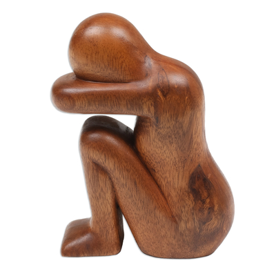 Wood sculpture, 'Lonely' - Hand-Carved Suar Wood Sculpture Crafted in Bali