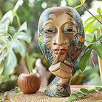 Wood mask, 'Secret Thought' - Hand-Painted Leaf and Animal-Themed Woman's Face Wood Mask
