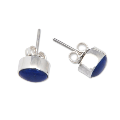 Lapis lazuli stud earrings, 'Blue Felicity' - Oval Sterling Silver Stud Earrings with Lapis Lazuli Jewels