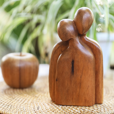 Wood sculpture, 'Lovers Comfort' - Hand-Carved Abstract Wood Sculpture of Couple Hugging
