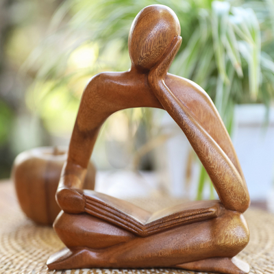 Wood sculpture, 'Thinker II' - Abstract Wood Sculpture of Man Sitting Down with a Book
