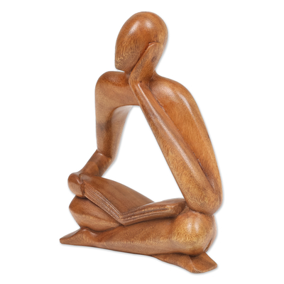 Wood sculpture, 'Thinker II' - Abstract Wood Sculpture of Man Sitting Down with a Book