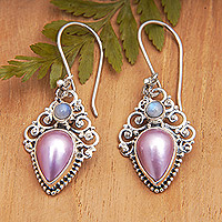 Rainbow moonstone and cultured pearl dangle earrings, 'Palatial Pearls'