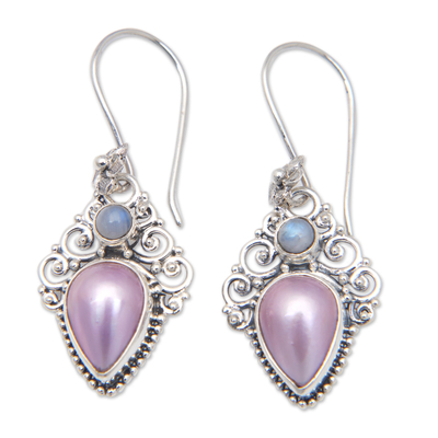 Rainbow moonstone and cultured pearl dangle earrings, 'Palatial Pearls' - Classic Rainbow Moonstone and Cultured Pearl Dangle Earrings