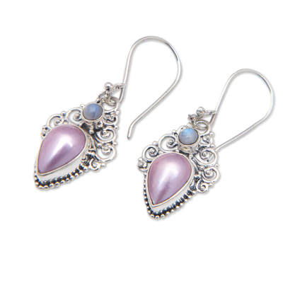 Rainbow moonstone and cultured pearl dangle earrings, 'Palatial Pearls' - Classic Rainbow Moonstone and Cultured Pearl Dangle Earrings