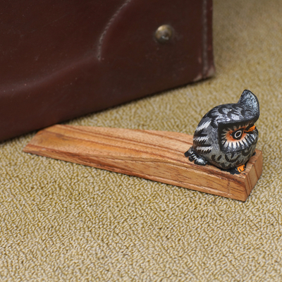 Wood door stopper, 'Delightful Owl' - Hand-Carved and Hand-Painted Owl Wood Door Stopper from Bali