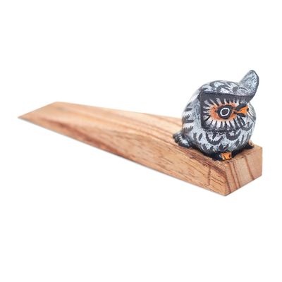 Wood door stopper, 'Delightful Owl' - Hand-Carved and Hand-Painted Owl Wood Door Stopper from Bali