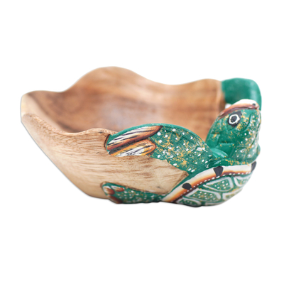 Wood catchall, 'Endearing Turtle' - Hand-Carved and Hand-Painted Turtle-Shaped Wood Catchall