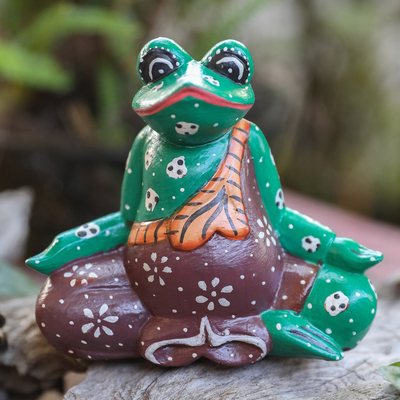 Vintage French Wood Frog Fishing Figurine Folk Art Ornaments