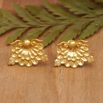 Pendientes de botón chapados en oro - Aretes con diseño de diente de león chapados en oro de Bali
